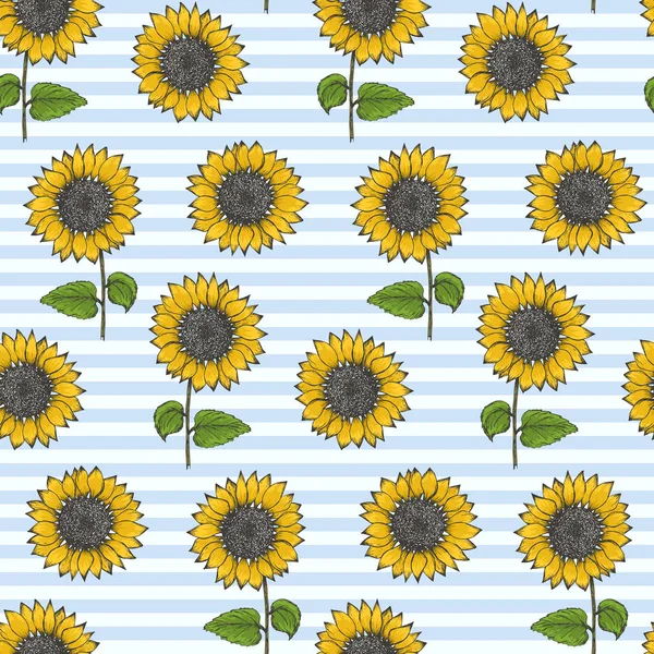 Modello vintage con girasoli su strisce blu — Vettoriale Stock