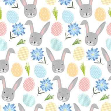 Karikatür tavşan, yumurta ve çiçek ile şirin desen