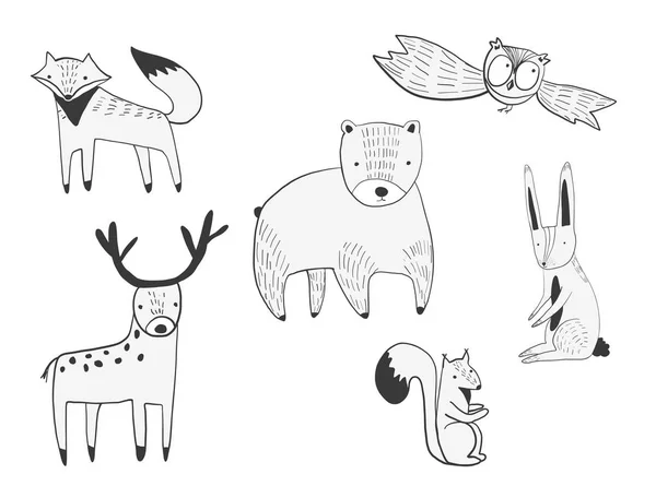 Set of vector cute doodle forest animals — Stock Vector