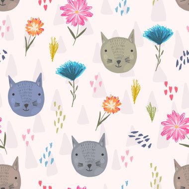 Sevimli çizgi deseni kedi kafaları ve çiçeklerle