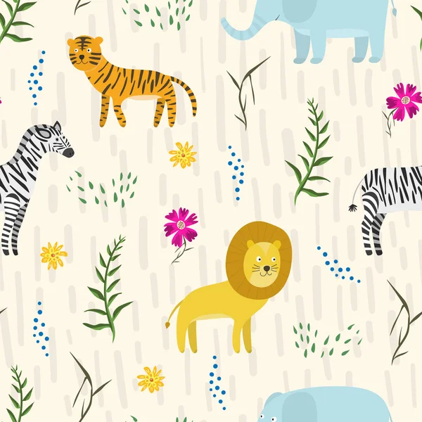 Kinderachtig patroon met schattige cartoon jungle dieren — Stockvector
