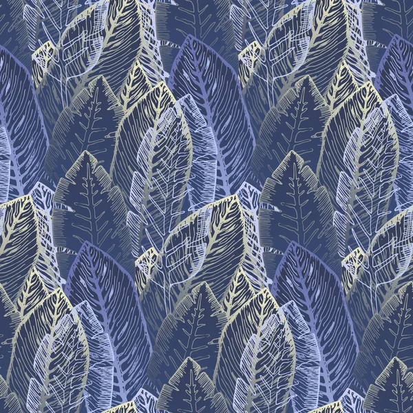 Таємничий візерунок з фіолетовими тропічними листям — стоковий вектор
