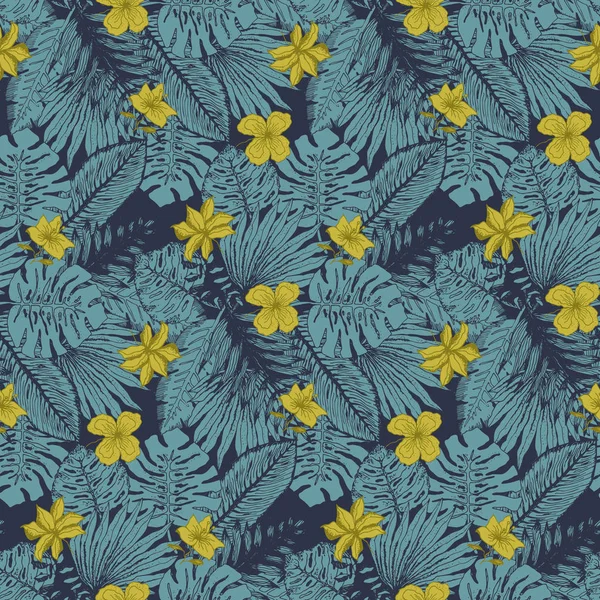 Patrón azul pálido con hojas y flores tropicales — Archivo Imágenes Vectoriales