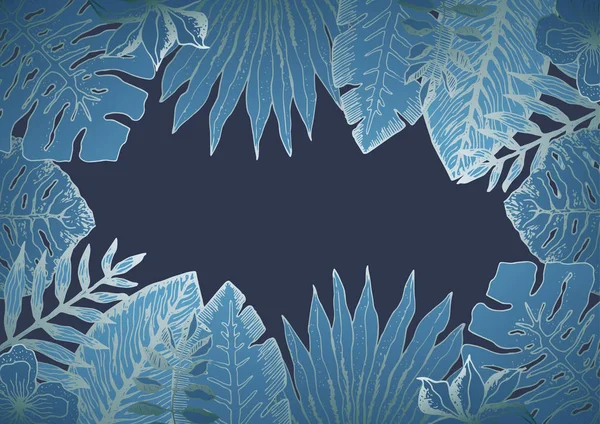 Horisontella bakgrund med blå tropisk lämnar — Stock vektor