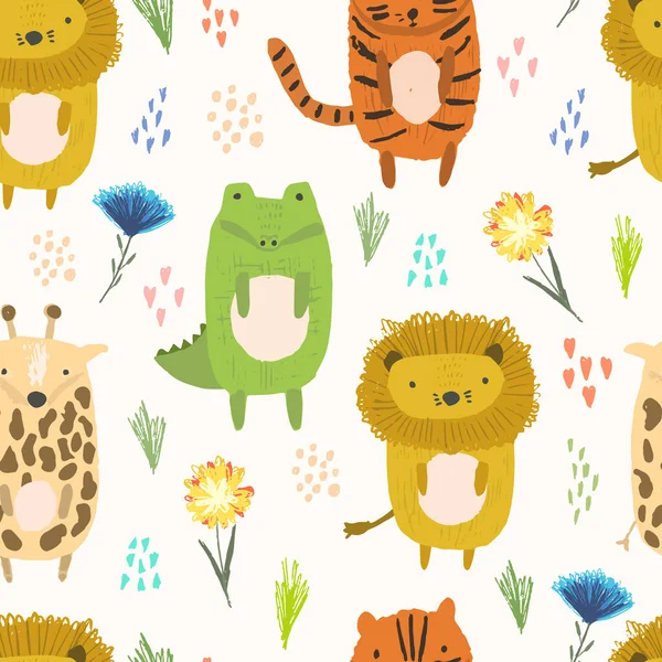 Cute cartoon pattern with animals and flowers Stock Vector