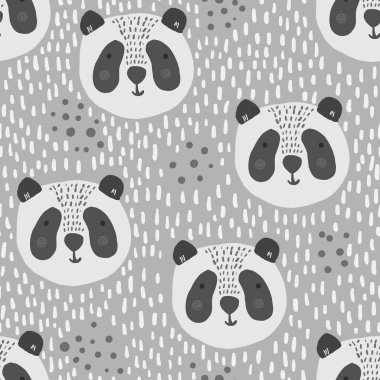 Büyük panda kafaları ile sevimli gri karikatür desen