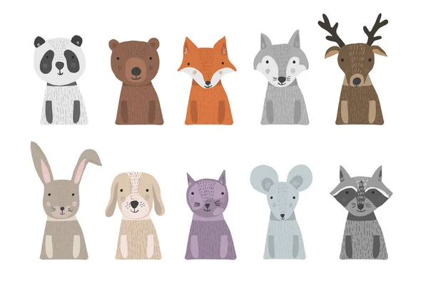 Conjunto de desenhos animados bonitos mão animais desenhados com corpo — Vetor de Stock