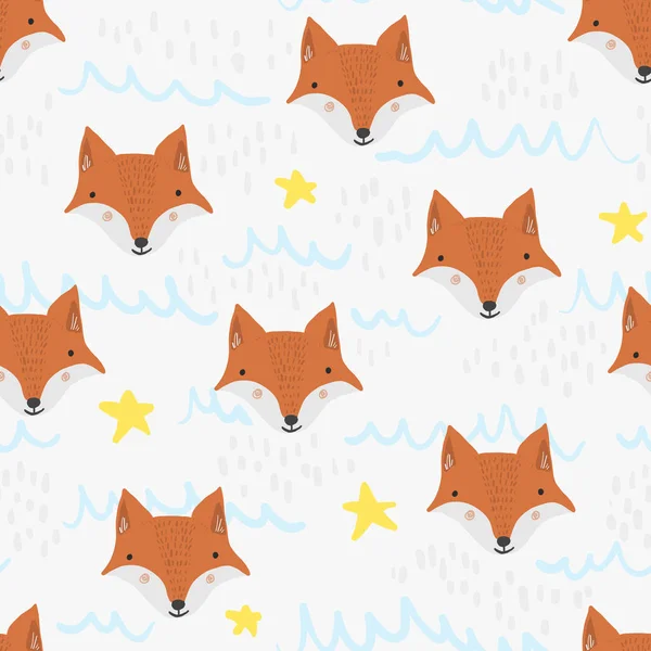 Cute cartoon pattern with foxs, stars and waves