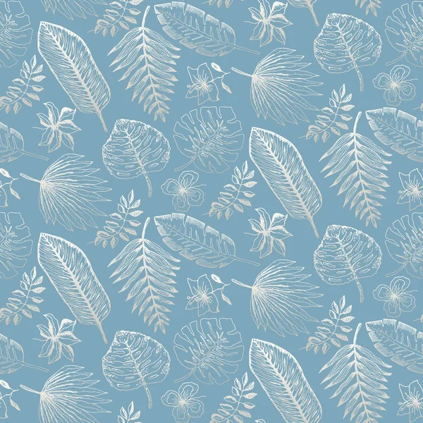 Елегантний синій візерунок зі срібним тропічним листям — стоковий вектор