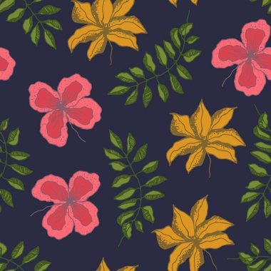 Tropikal çiçekler ve yaprakları ile karanlık desen