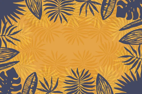 Fundo laranja brilhante com folhas tropicais azuis — Vetor de Stock