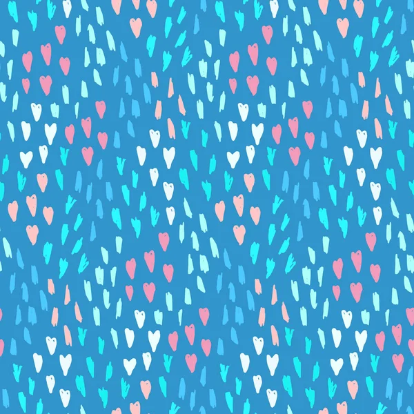 Μπλε μοτίβο με χάος καρδιές, τελείες και σχήματα — Διανυσματικό Αρχείο
