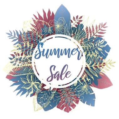 Tropik yaprakların yaz mavisi ve pembe yuvarlak çerçevesi