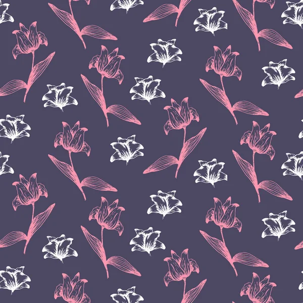 Donker elegant patroon met roze en witte bloemen — Stockvector