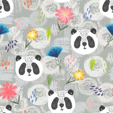 Sevimli çizgi deseni panda, noktalar ve çiçekler