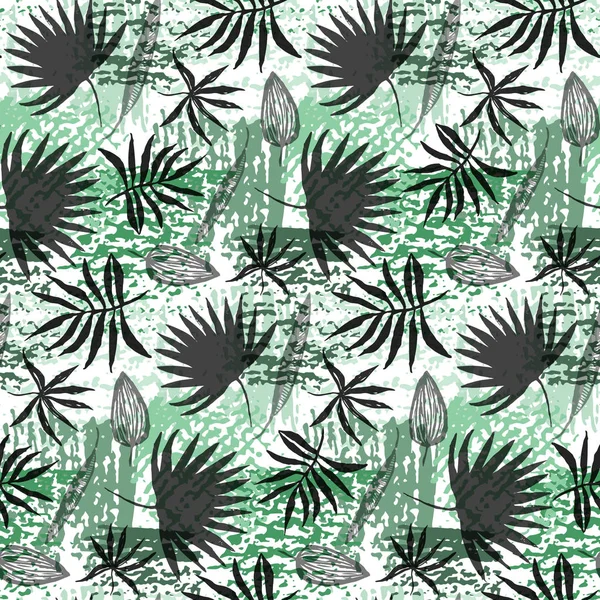 Hojas dibujadas a mano negras y patrón grunge verde — Vector de stock