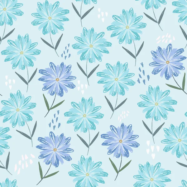 Çocukça çizim çiçekleri ile Ihale mavi desen — Stok Vektör