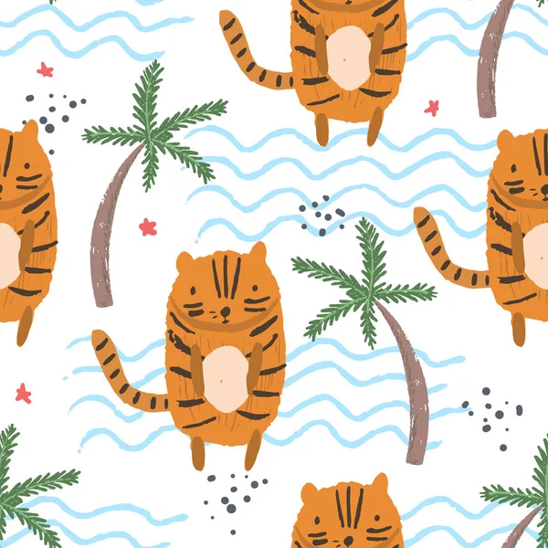 Χαριτωμένο μοτίβο κινουμένων σχεδίων με τίγρεις, παλάμες, κύματα — Διανυσματικό Αρχείο