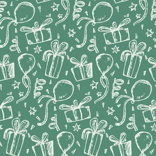 Głęboki zielony wzór z prezentów i balonów szkic — Wektor stockowy