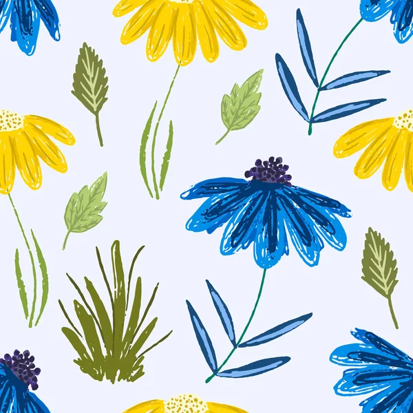 Mignon motif enfantin avec des fleurs et de l'herbe — Image vectorielle