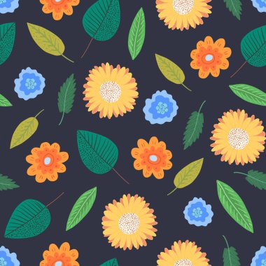 Turuncu çiçekler ve yaprakları ile Sevimli koyu desen