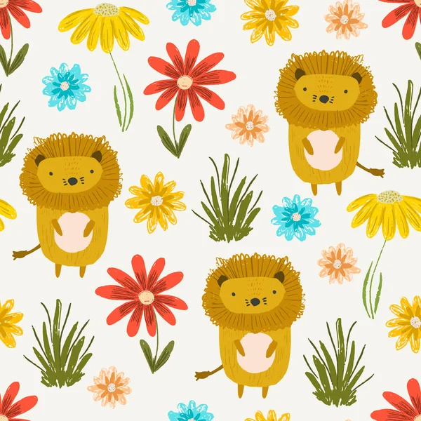 Симпатичный узор со львами, травой и цветами — стоковый вектор