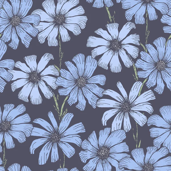 Modèle bleu tendre avec des fleurs de camomille blanche — Image vectorielle