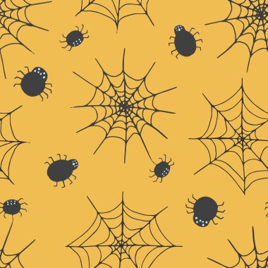 Örümcekler ve ağları ile Turuncu Halloween desen