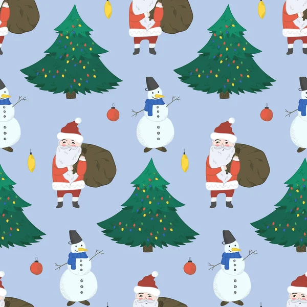 Голубой рождественский узор со снеговиками и Санта-Клаусом — стоковый вектор