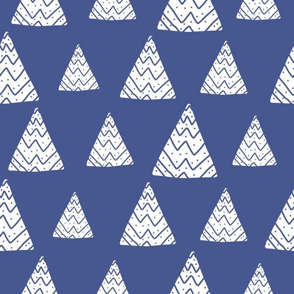 Синий зимний узор с рисунками геометрических деревьев — стоковый вектор