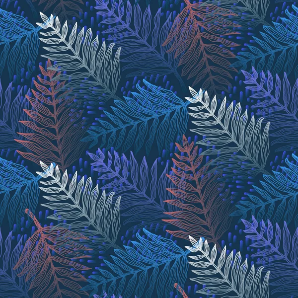 Tiefblaues magisches Muster mit tropischen Farnblättern — Stockvektor