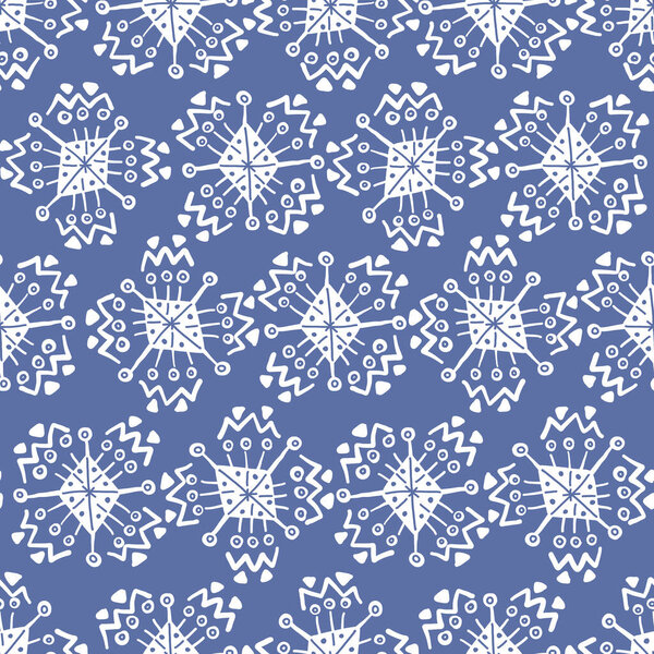 Hand drawn blue pattern with white snowflakes