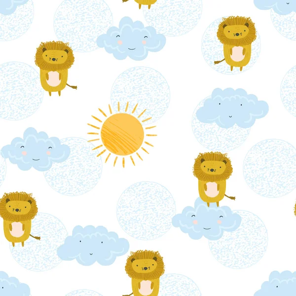 Милый летний узор со львами, солнцем и облаками — стоковый вектор