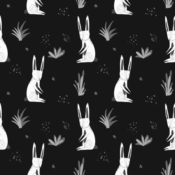 Lindo patrón oscuro con conejos de dibujos animados y hierba — Vector de stock