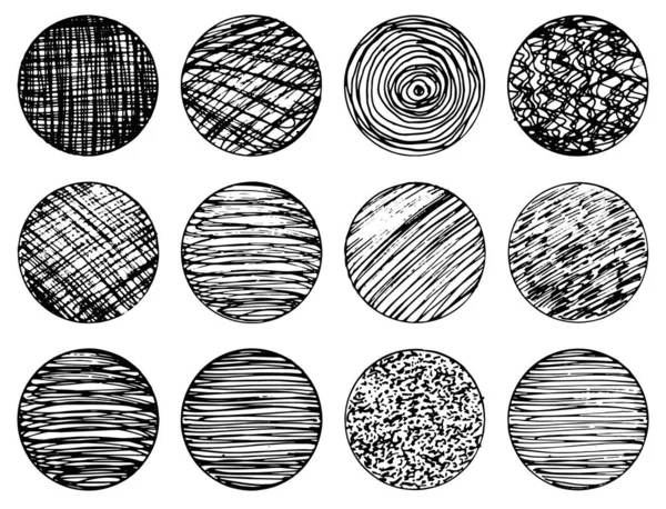 Set of isolated black ink brush textured circles — Stock Vector