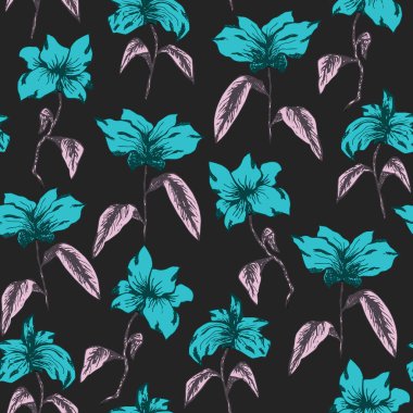 Mavi çizim çiçekleri ile zarif parlak desen