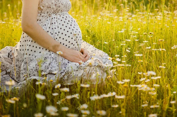 自然界怀孕腹部的特写。怀孕的女孩在日落，孕妇在公园外放松 — 图库照片