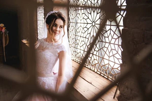 Retrato de una hermosa novia en un interior elegante. Mañana de la novia. La novia está esperando al novio. . — Foto de Stock