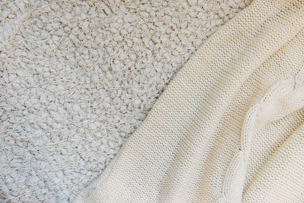 Different knitted textures of beige color. Knitted textures, different patterns. Knitted fabric close-up. abstract. background — Stock Photo, Image