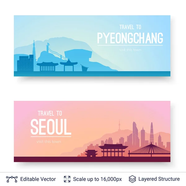 Seoul dan Pyeongchang terkenal kota scapes . - Stok Vektor