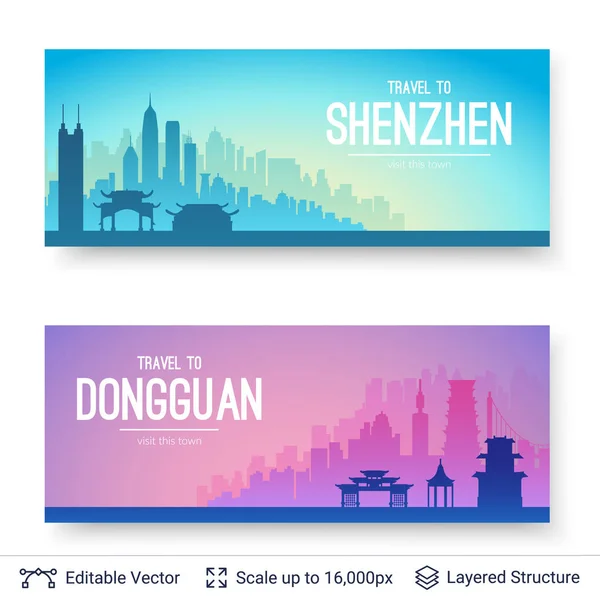 Shenzhen ve Dongguan ünlü Çin kenti scapes. — Stok Vektör