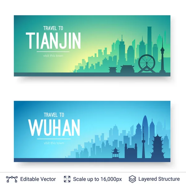 Wuhan ve Tianjin ünlü Çin kenti scapes. — Stok Vektör