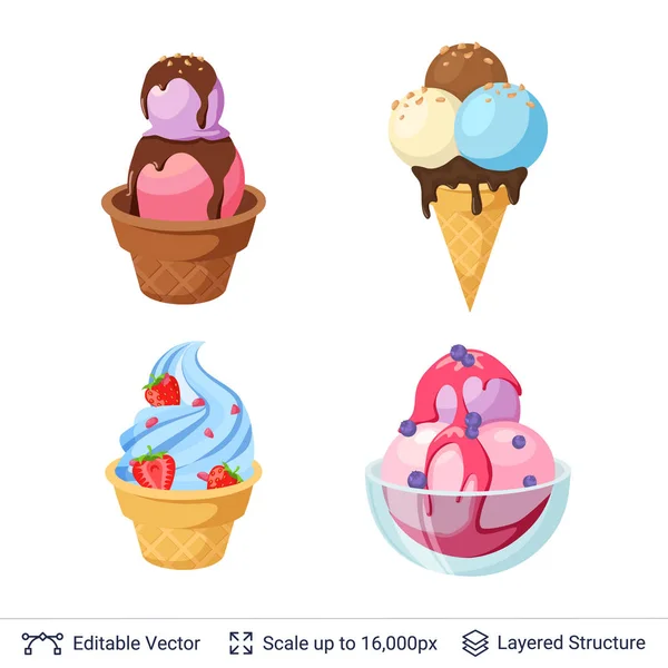 Ice cream uppfriskande desserter set. — Stock vektor
