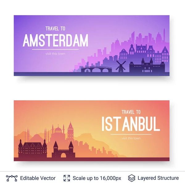 Amsterdam ve Istanbul ünlü şehir scapes. — Stok Vektör