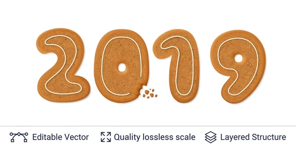 Pão de gengibre 2019 ano número isolado em branco . — Vetor de Stock