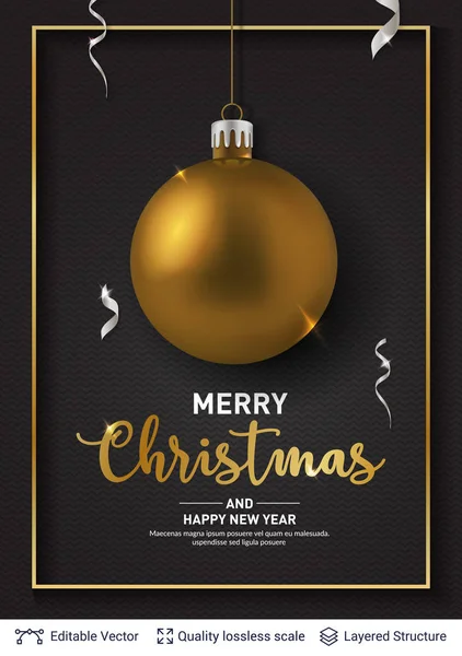 Χρυσή μπάλα Χριστούγεννα και κείμενο σε σκούρο φόντο. — Διανυσματικό Αρχείο