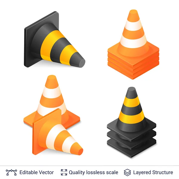 Set of 3d traffic cones isolated on white. — Stock Vector