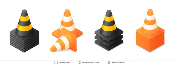 Set of 3d traffic cones isolated on white. — Stock Vector