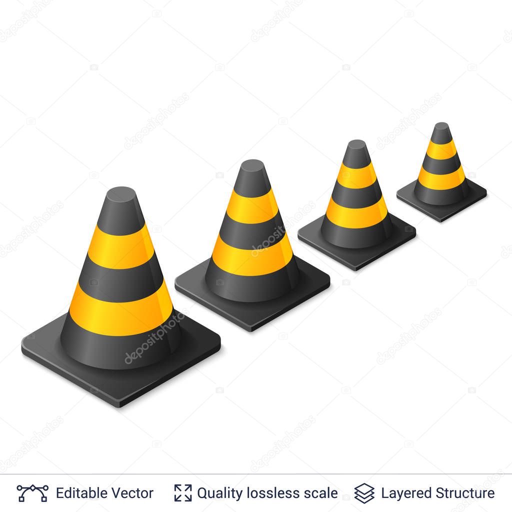 Set of 3d traffic cones isolated on white.