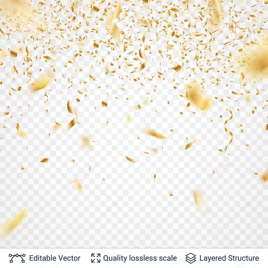 Golden festive tinsel confetti blurred in motion.